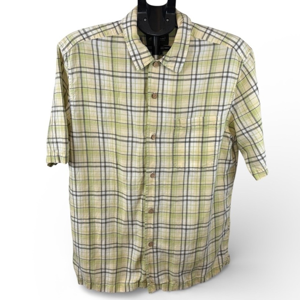 Eddie Bauer Mens Medium Linen Cotton Plaid Short Sleeve Button Up Shirt Green